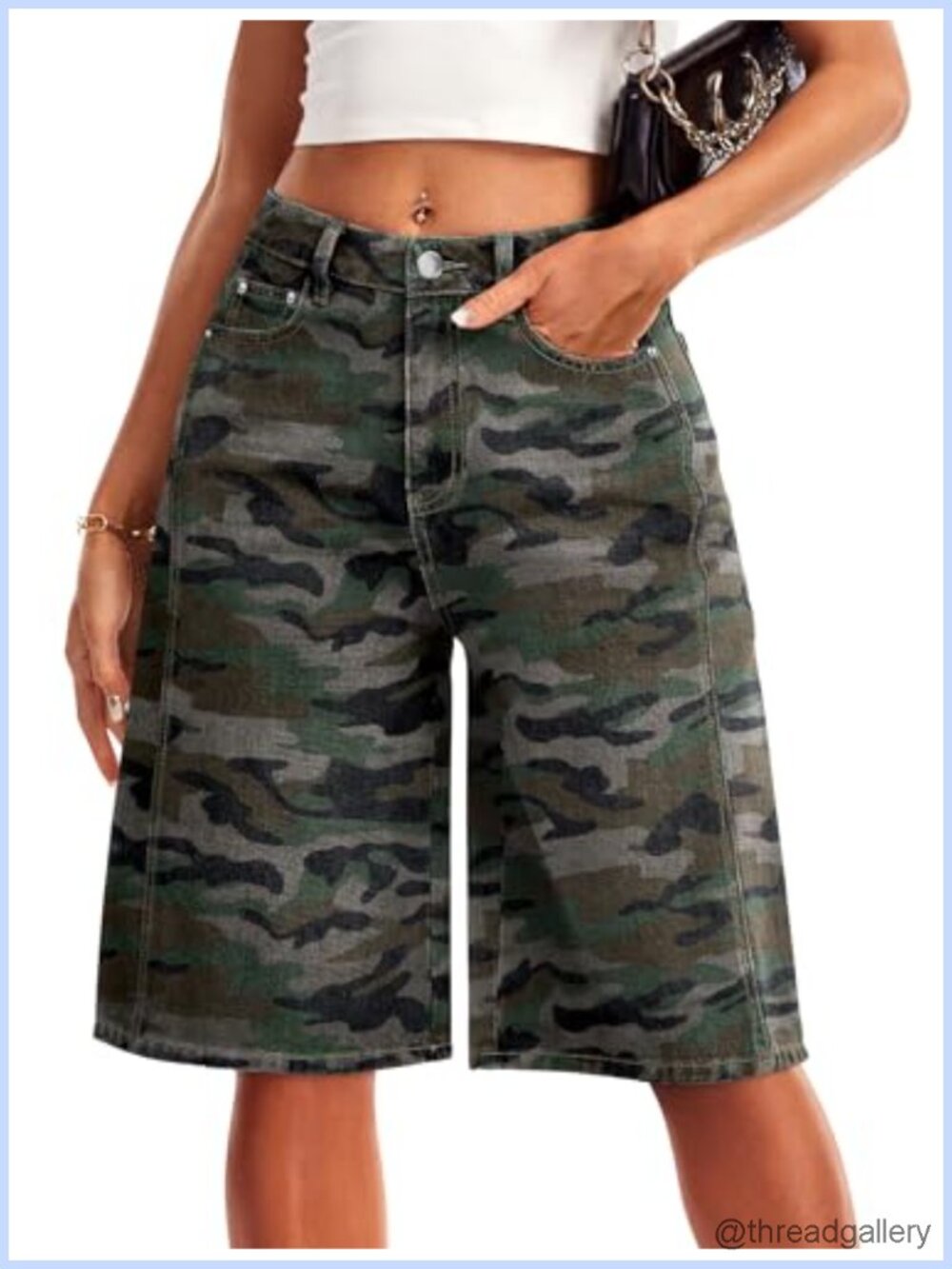 Women's Distressed Wide Leg Denim Bermuda Shorts 5-Pocket Casual Jean Shorts